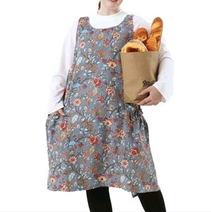 Vikideer Cross Back Plus Size Linen Blend Aprons for Women Pockets